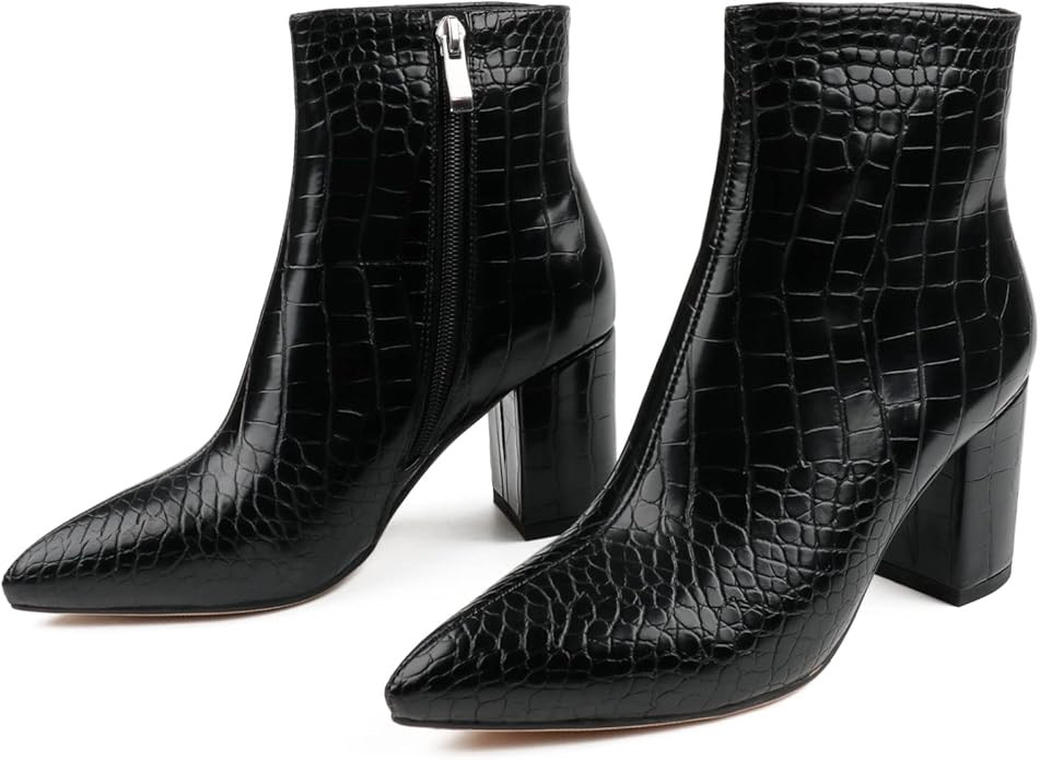 JOY IN LOVE Women's Ankle Boots Chunky Block Heel Pointed Toe Zipper Boots | Amazon (US)