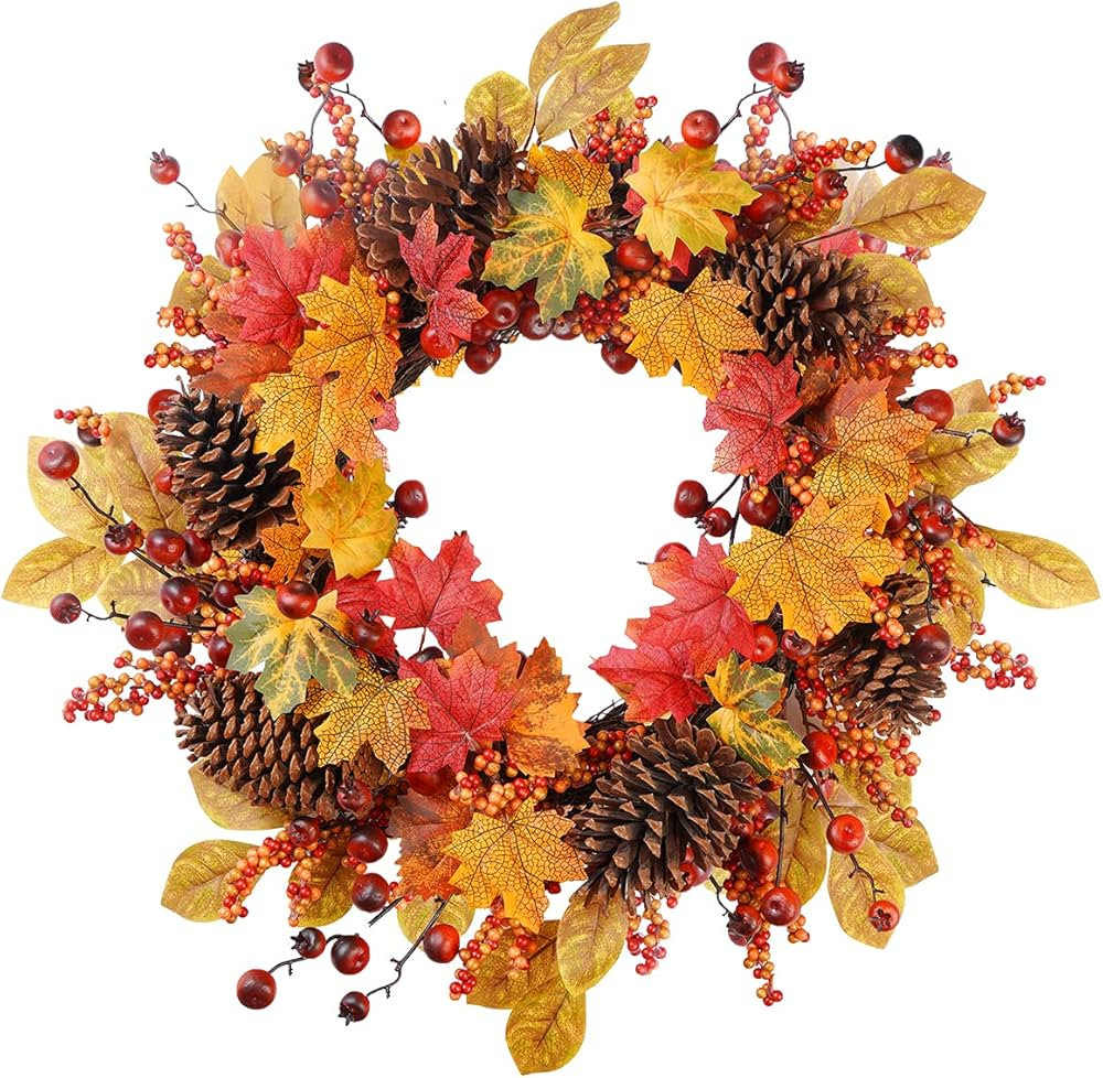 DDHS Fall Wreaths for Front Door Outside, 24” Artificial Fall Door Wreath for Wall Window Weddi... | Amazon (US)