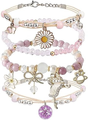 DS 4PCS Beaded Charm Bracelets for Teen Girls Dainty cute cartoon Crystal Beads Pearl Bracelets a... | Amazon (US)