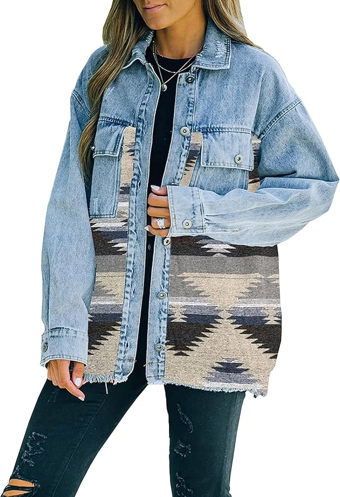 Lumister Women's Aztec Denim Jacket Distressed Lapel Long Sleeve Vintage Button Down Denim Jacket... | Amazon (US)