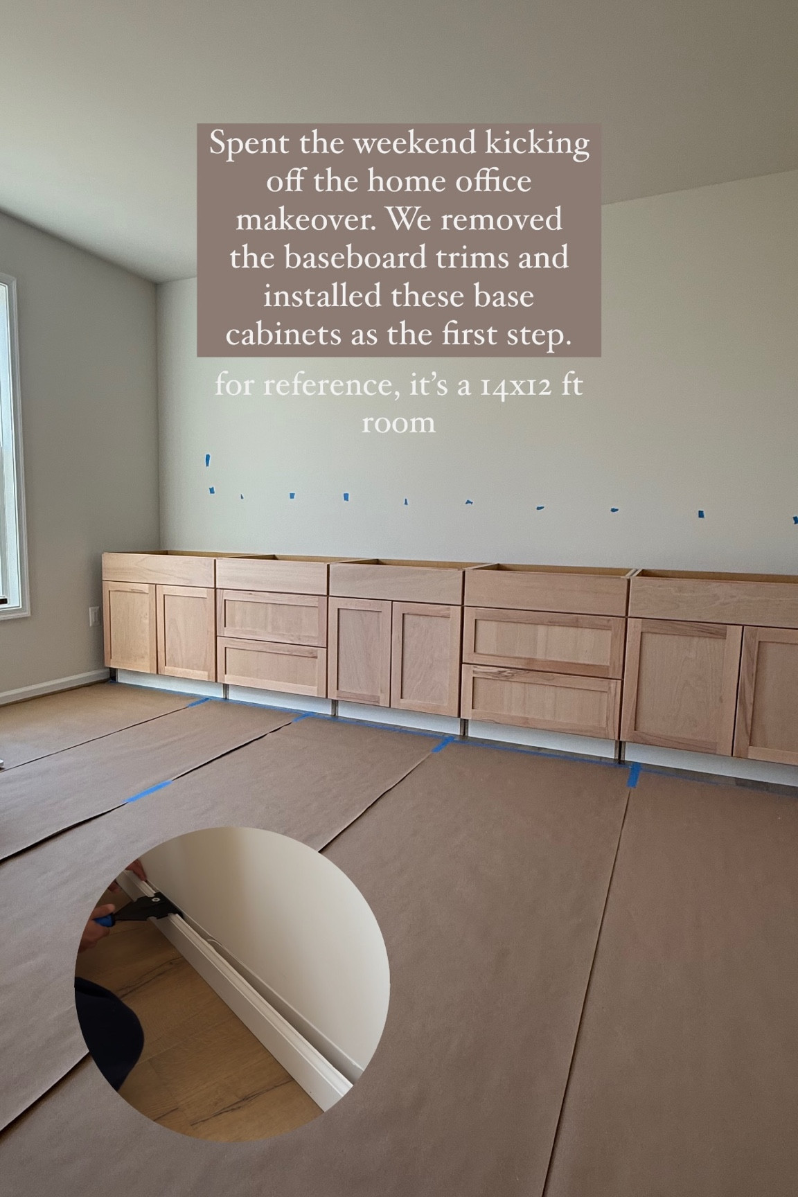 Spent the weekend kicking off the home office makeover. We removed the baseboard trims and installed these base cabinets as the first step. for reference, it’s a 14x12 ft room

#diy #homeoffice

#LTKHome