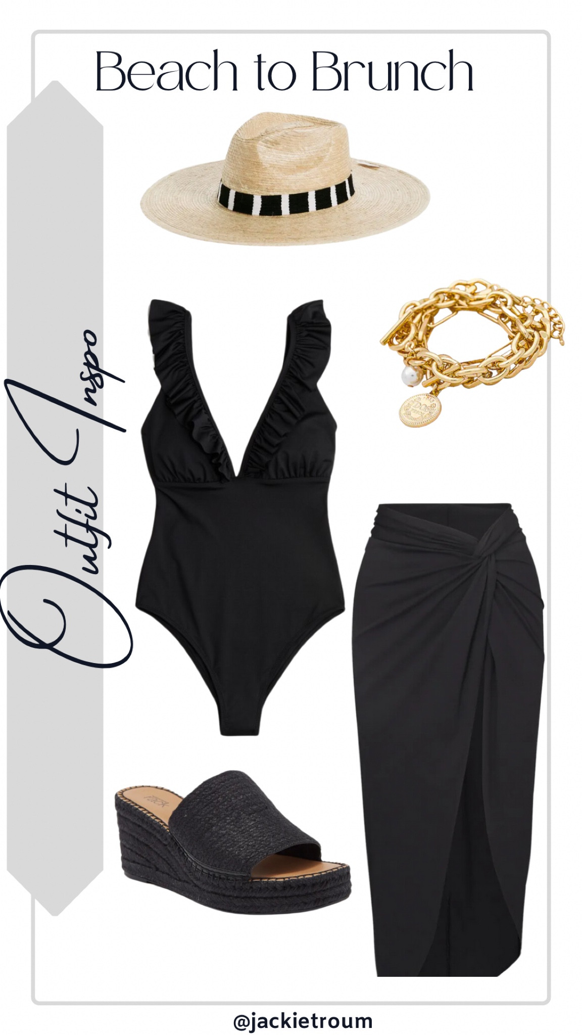 From Beach to Brunch

Black Sarong Skirt: SKIMS
Black Ruffle One Piece Swim: H&M
Black Wedge Slide Sandal: Nordstrom Rack
Straw Hat: Sunshine Tienda
Gold Chain Bracelet Set: Revolve

#LTKTravel #LTKSwim #LTKSeasonal