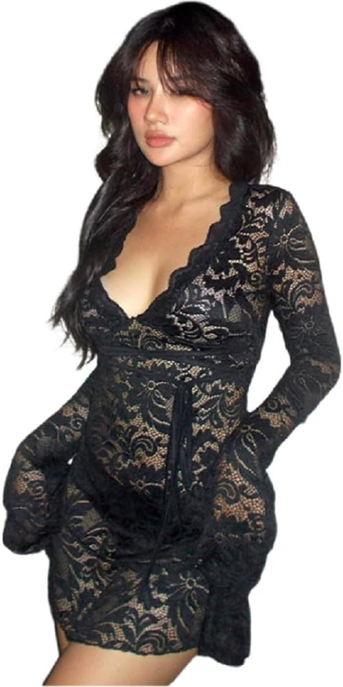 AIBEARTY Women's Sexy Sheer Mesh Lace Bodycon Dress Flared Long Sleeve V Neck Mini Dress Party Cl... | Amazon (US)