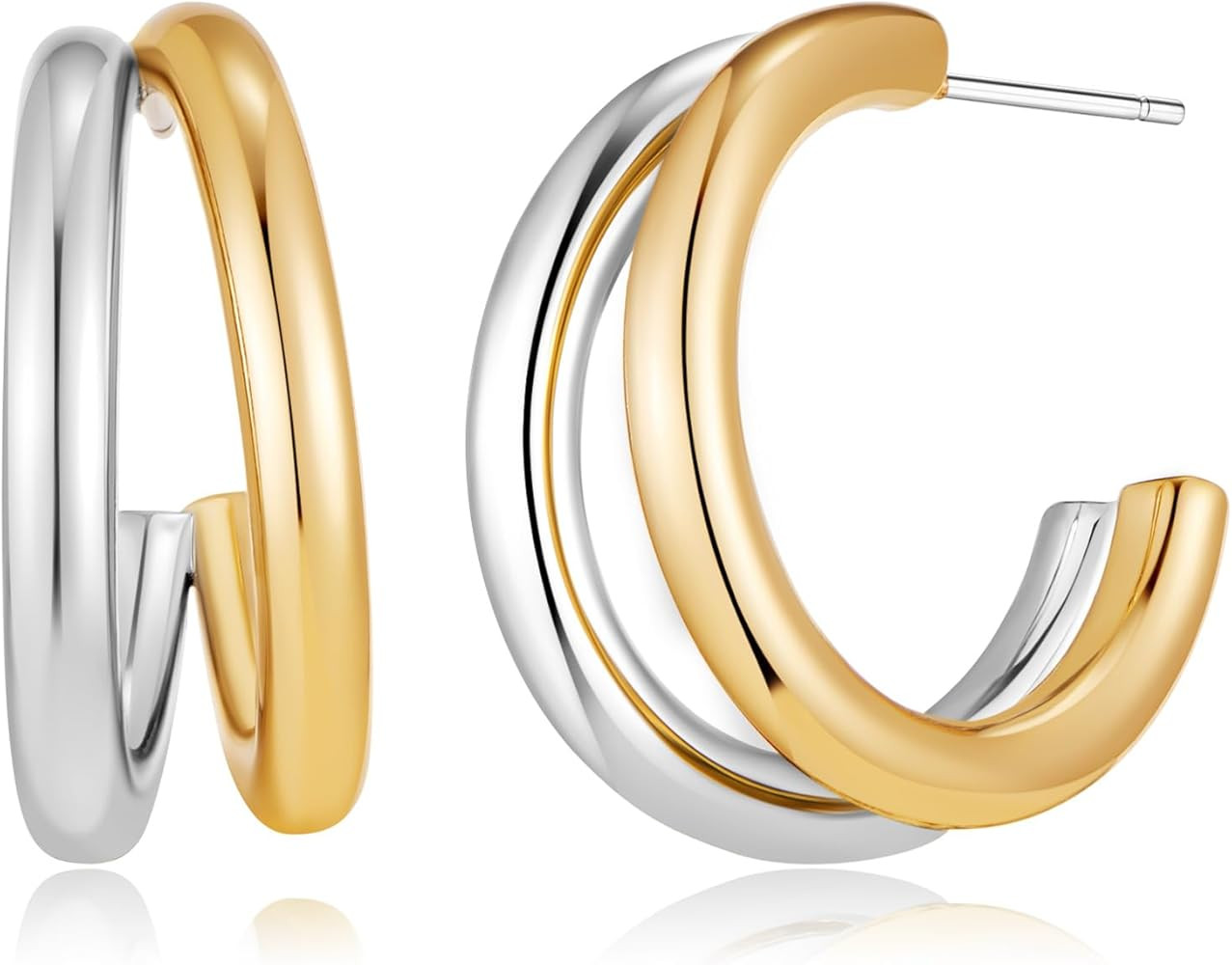 Silver and Gold Hoop Earrings for Women Trendy Two Tone Earrings Thick Open Double Huggie Hoops E... | Amazon (US)