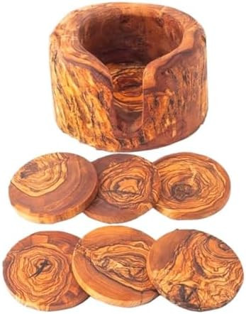 Kamsah Olive Wood Coasters Set of 6 & Holder - Handmade, Natural, Durable Wooden Coasters for Dri... | Amazon (US)