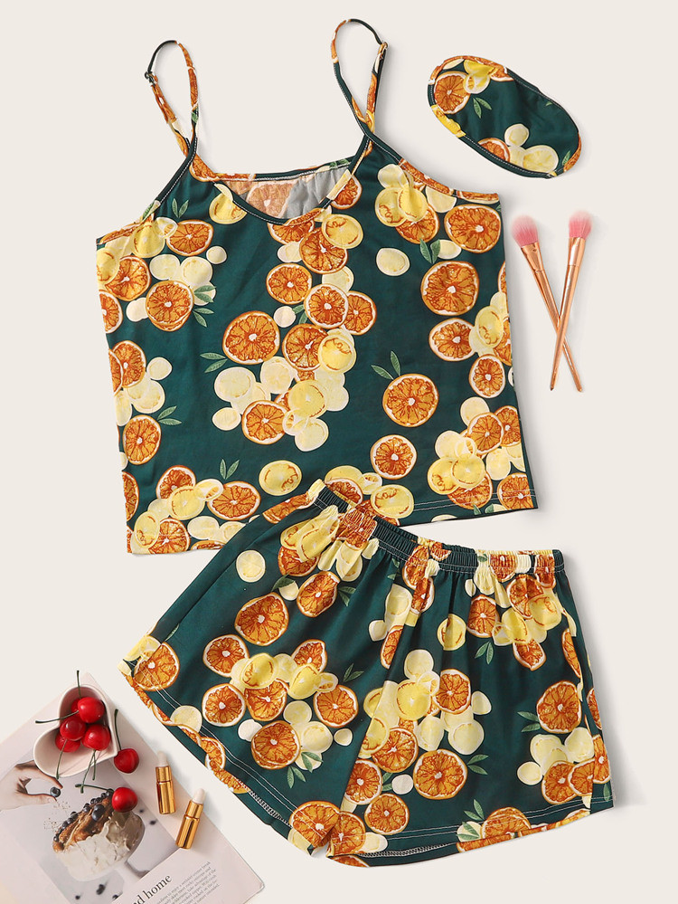Lemon Print Cami Pajama Set With Eye Mask | SHEIN