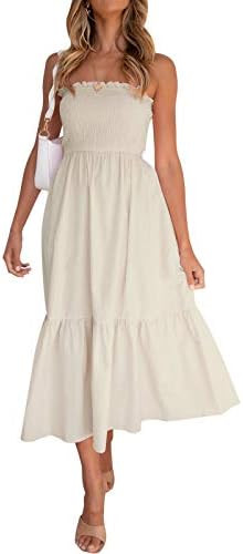 ZESICA Women's Summer Boho Strapless Maxi Dress 2026 Casual Off Shoulder Smocked Solid Flowy A Li... | Amazon (US)