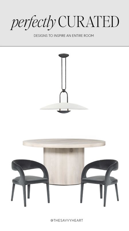 Contemporary dining room design idea with bleached round dining table, modern, velvet dining room chairs, and a black metal light fixture 

#LTKhome
