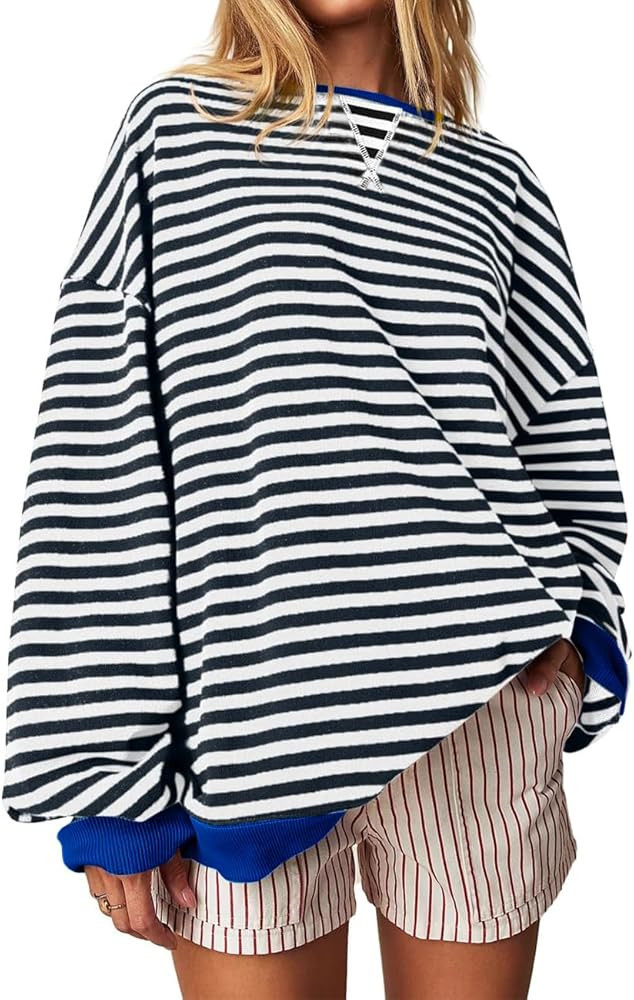 Oversized Striped Sweatshirt for Women Crewneck Striped Long Sleeve Hoodies Shirts Fall Pullover ... | Amazon (US)