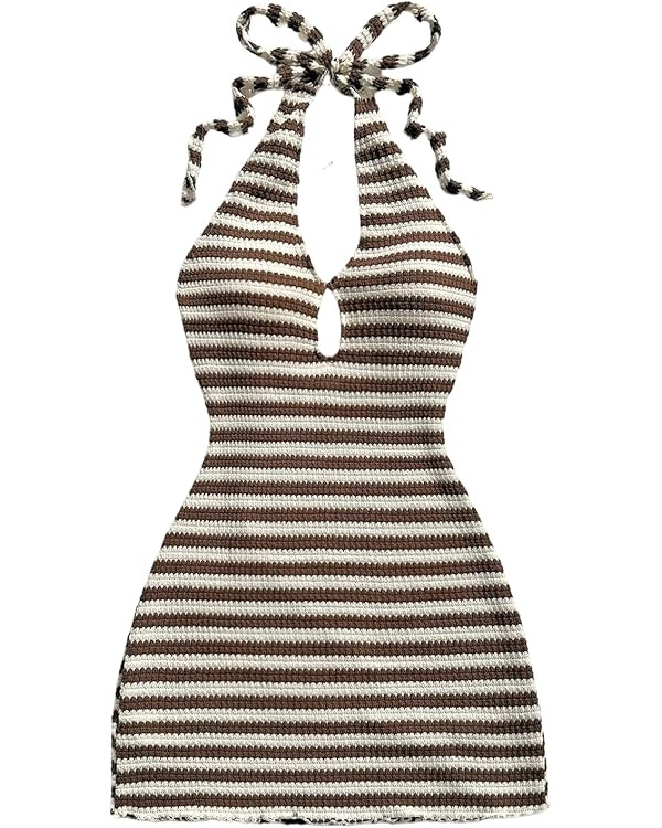 GORGLITTER Women's Crochet Halter Bubble Mini Dress Bow Backless Summer Bodycon Knit Dress Vacati... | Amazon (US)
