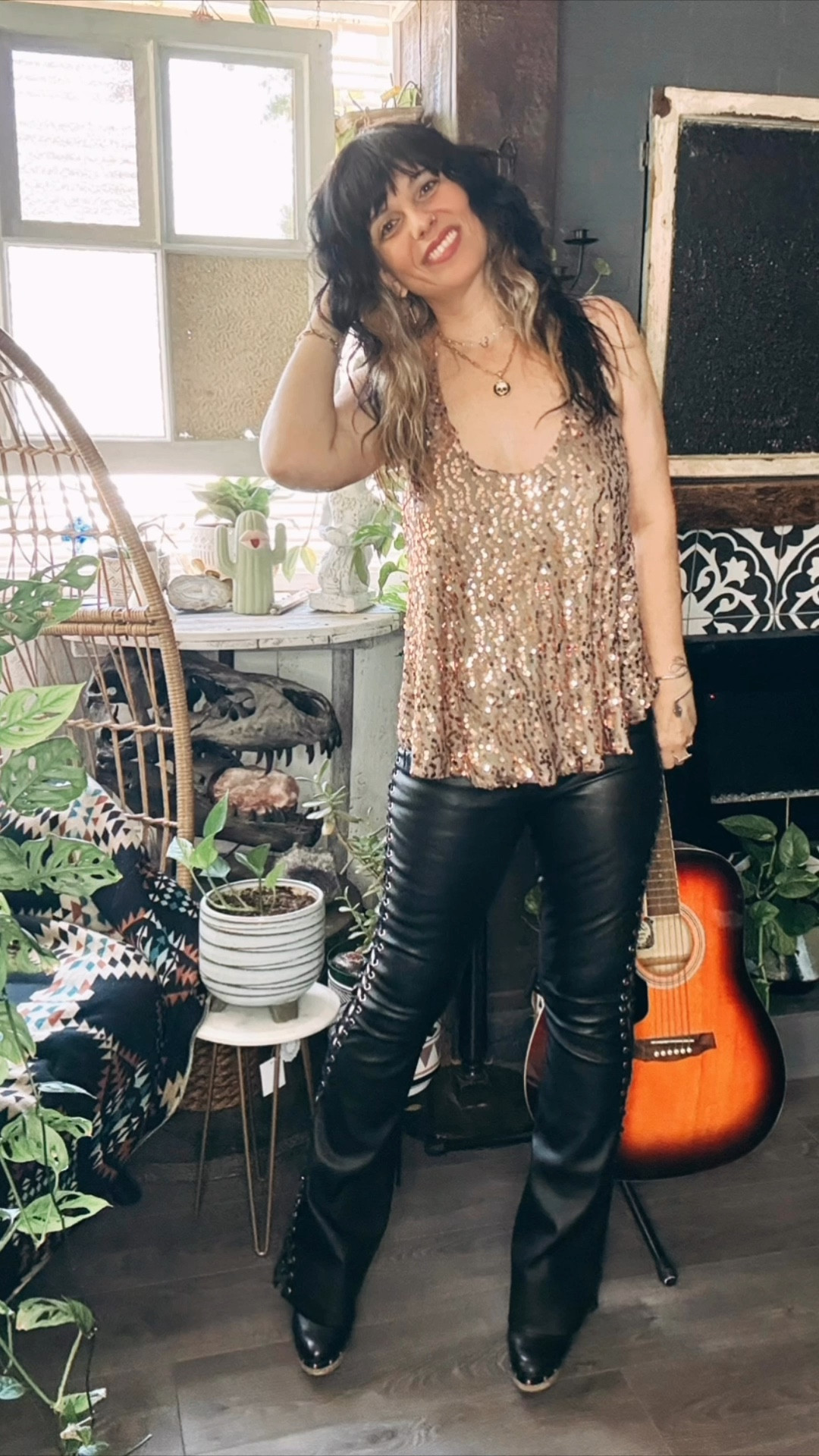 Leather. Sequins. After dark. 🖤 This is party-time, date-night, steal-the-spotlight energy.

🔥 Lace-up leather pants by @bythenamesake — dangerous in the best way.
⚡ Micheal Kors retro black leather platforms — sky-high + ready to dance all night.
✨ Sequin tank — shimmer, sparkle, and just enough tease.
💎 Jewelry by @thepirateandthegypsyjewelry — bold little treasures to finish the look.

Rock ’n Roll MC vibes, a little bad-girl edge, and a whole lot of shimmer. Classic, cool, never out of style.

#LTKstyletip #LTKdatenight #LTKpartywear