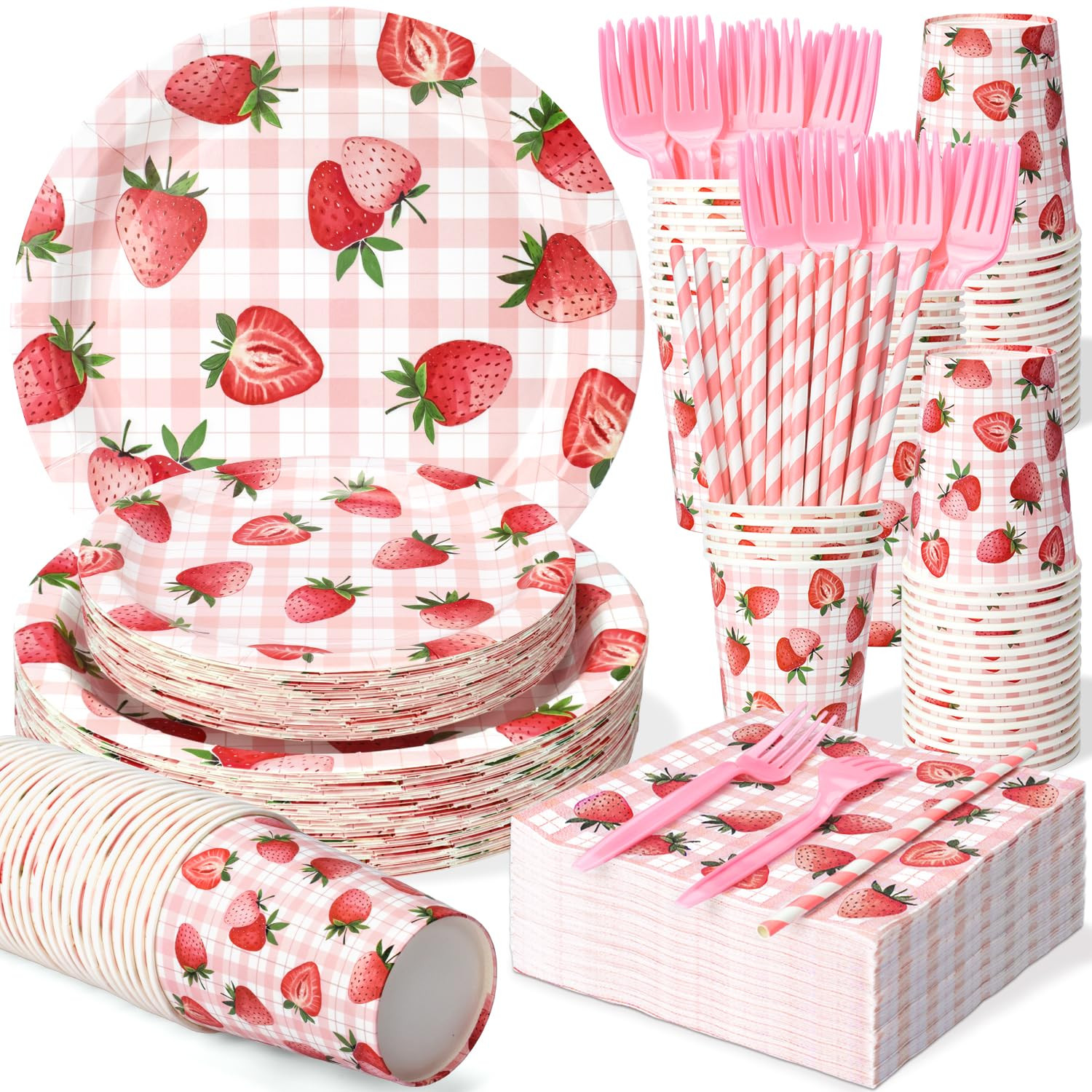 300 Pcs Strawberry Plates and Napkins Tableware Set, Plates Napkins Cups Straws and Forks Sets, P... | Amazon (US)