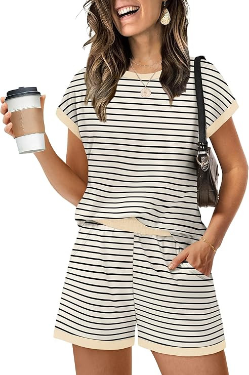 WIHOLL Two Piece Sets for Women Summer Lounge Short Sets Cap Sleeve Crew Neck Sweatsuit with Pock... | Amazon (US)