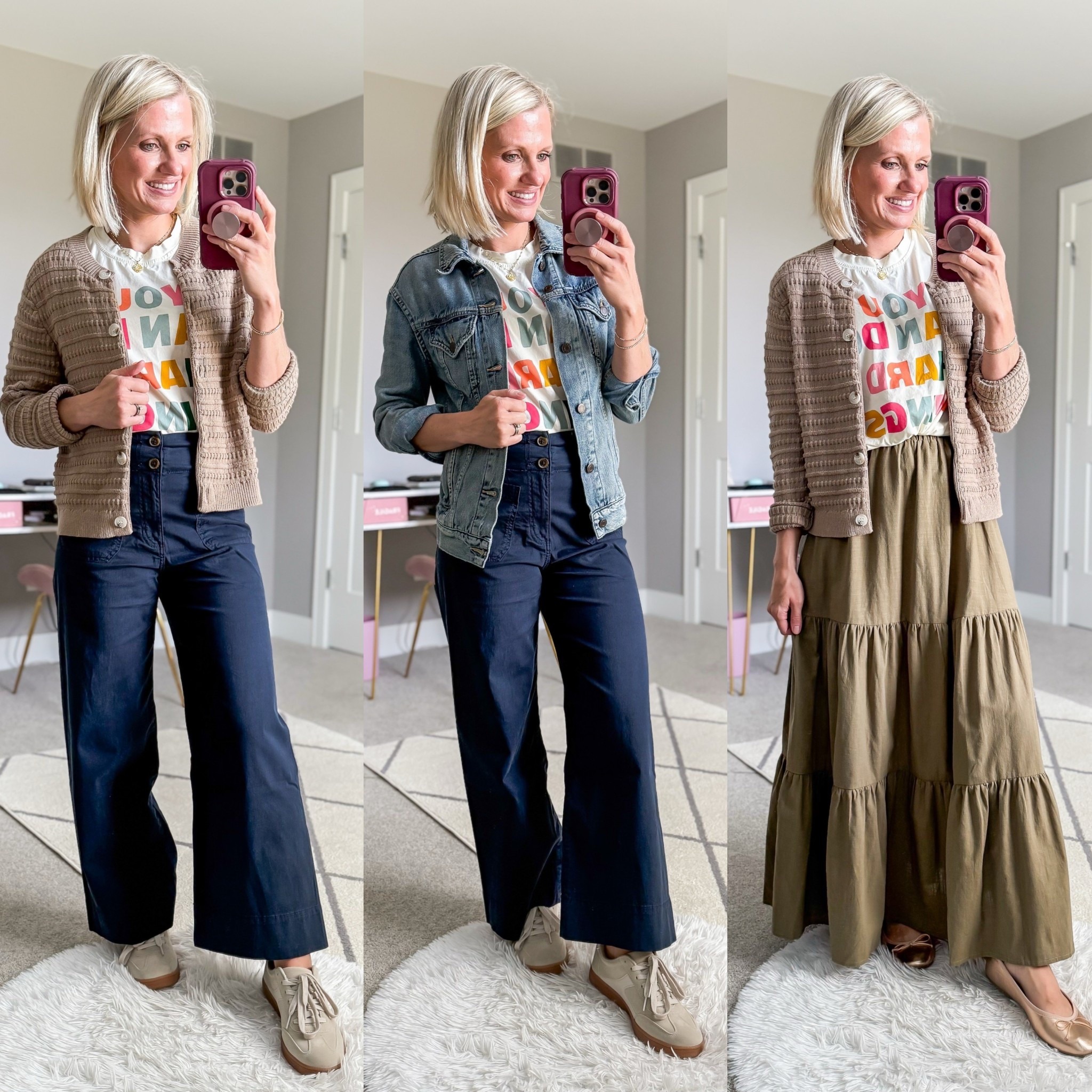 Teacher outfits with a graphic tee! T-shirt- small || tan cardigan- small || denim jacket- xsmall || green skirt- small || navy pants- 0

#LTKWorkwear #LTKStyleTip #LTKPetite