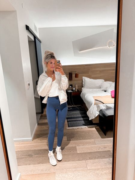 super casual travel outfit! size small in these leggings (they’re the best ever + no front seam) tank in an XS and jacket is old so i’m linking similar! these sneakers yall. so comfy, true to size 

#LTKfindsunder50 #LTKMostLoved #LTKtravel
