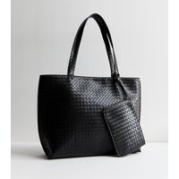 Black Leather-Look Woven Tote Bag and Pouch Vegan New Look | New Look (UK)