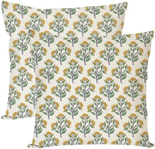 Block Print Throw Pillow Covers 20x20 Inch Set of 2 Green and Yellow Floral Vintage Boho Outdoor ... | Amazon (US)