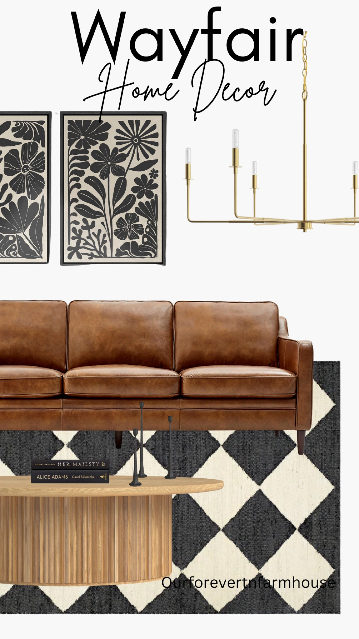 Wayfair home decor finds.  Modern elegance with a touch of masculinity.  Checkerboard rug, leather couch and brass accents. 

#LTKHome
