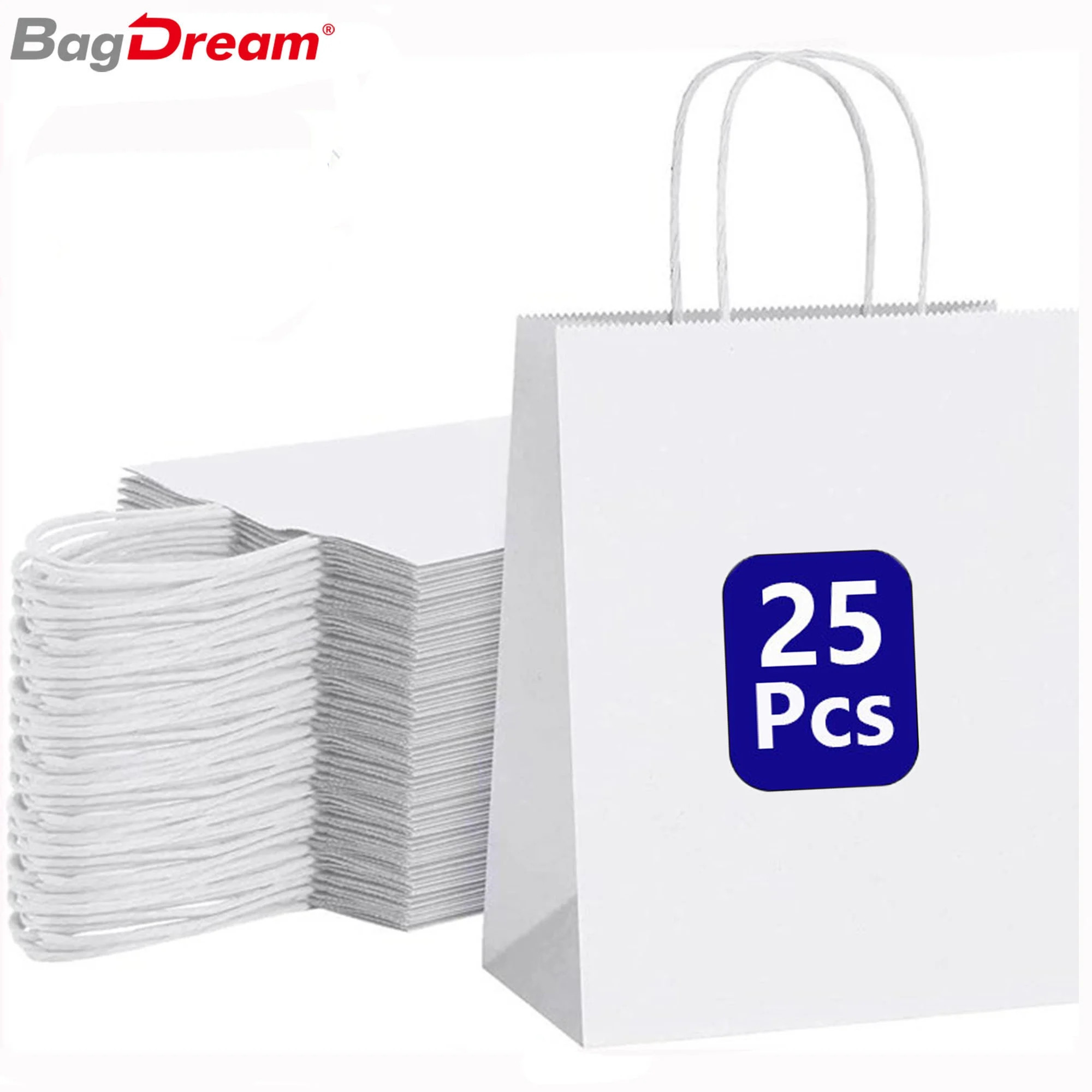 BagDream 25 Pack Paper Gift Bags, 8x4.25x10.5 White Kraft Paper Bags with Handles Bulk for Shoppi... | Walmart (US)