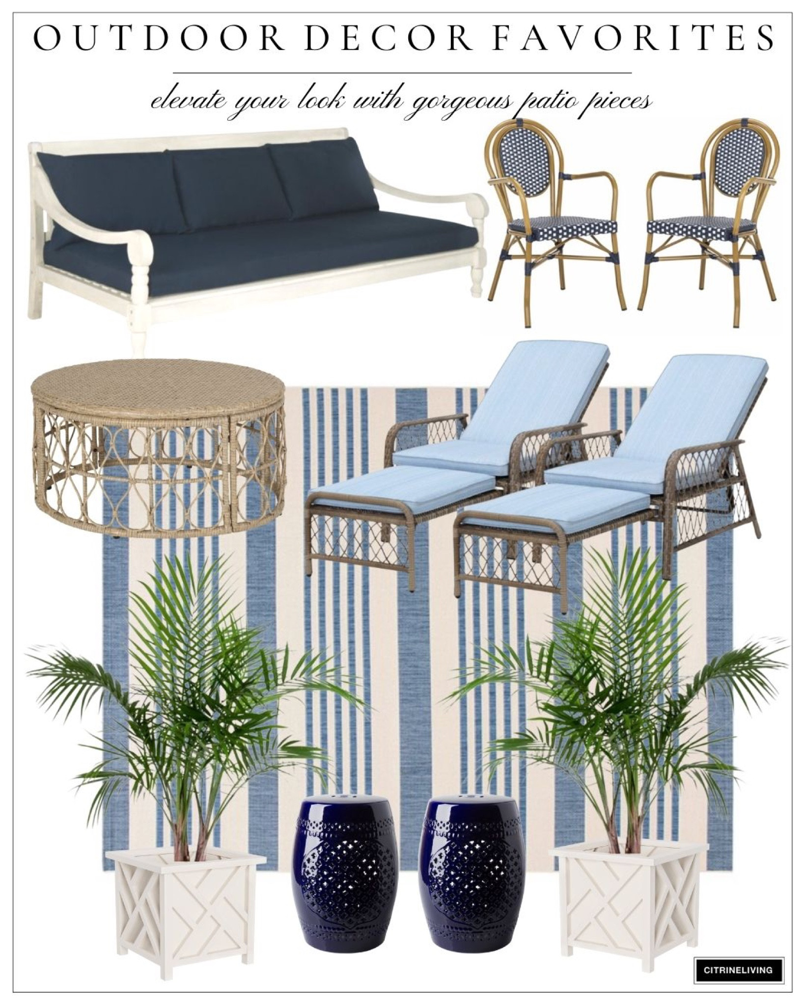 Our favorite patio pieces mix blues and whites, stripes, palms, woven and furniture. Patio furniture, outdoor furniture, outdoor sofa, daybed, patio dining chairs, garden stools, patio loungers, striped rug; outdoor rug, outdoor coffee table, planters, palm plants 

#LTKhome #LTKFind #LTKSeasonal