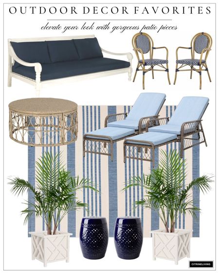 Our favorite patio pieces mix blues and whites, stripes, palms, woven and furniture. Patio furniture, outdoor furniture, outdoor sofa, daybed, patio dining chairs, garden stools, patio loungers, striped rug; outdoor rug, outdoor coffee table, planters, palm plants 

#LTKhome #LTKFind #LTKSeasonal