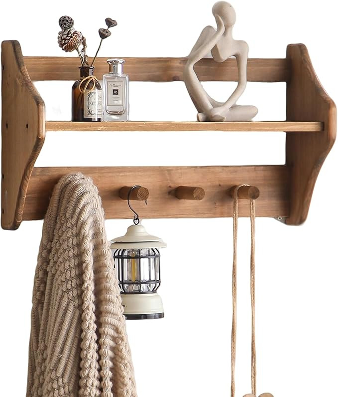 100% Solid Wood Wall Hooks with Shelf, Rustic Coat Rack with Shelf Wall-Mounted, Farmhouse Decor ... | Amazon (US)
