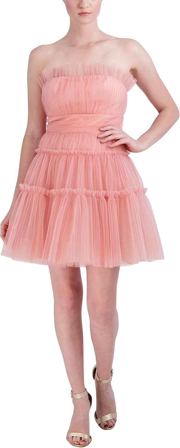 BCBGMAXAZRIA Women's Fit and Flare Sleeveless Short Evening Dress Mesh Boned Bodice Pleated Tulle... | Amazon (US)