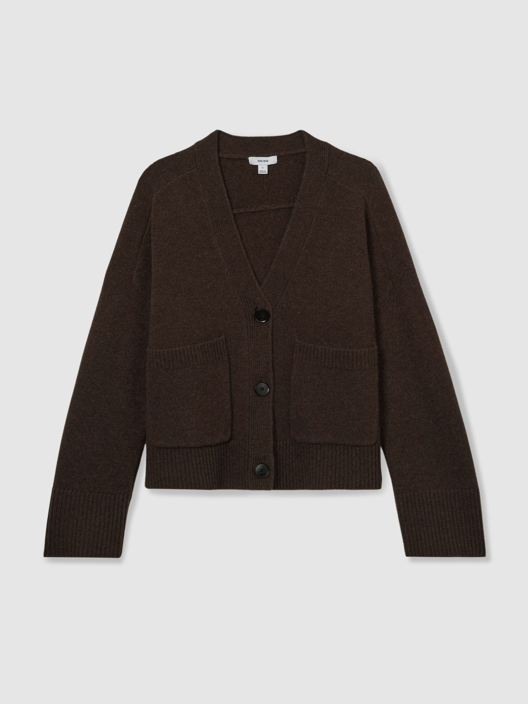 Reiss Wool-Cashmere Patch-Pocket Cardigan in Chocolate - REISS | Reiss UK
