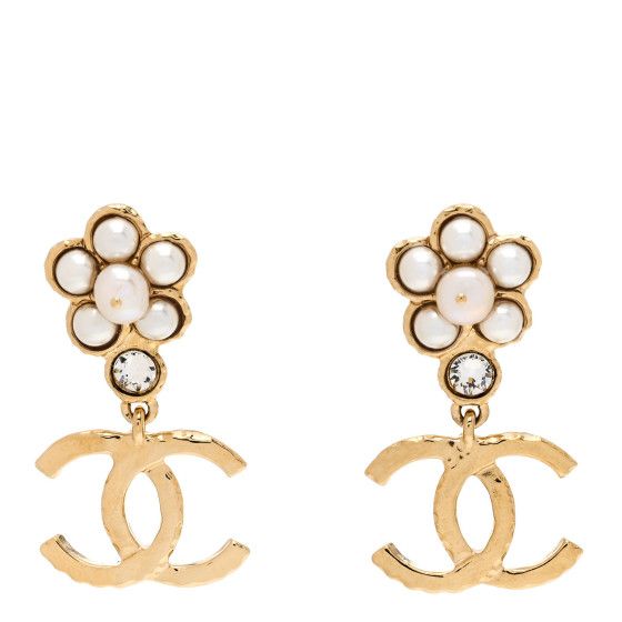 Pearl Crystal CC Flower Drop Earrings Gold White | FASHIONPHILE (US)