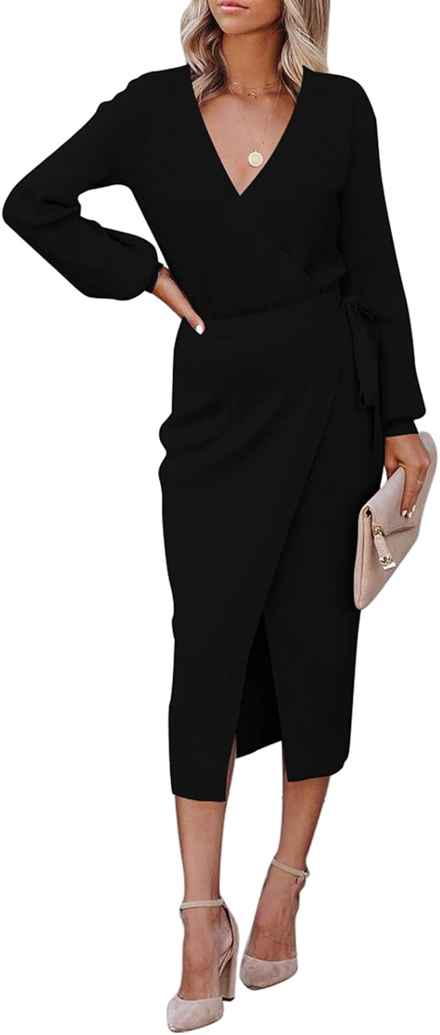 Meenew Women's Wrap V Neck Sweater Dress Tie Waist Bodycon Knit Midi Dress | Amazon (US)