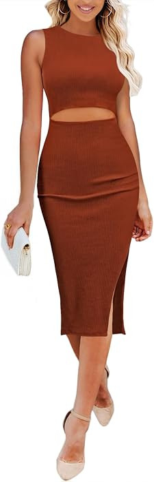 Pink Queen Women's Dresses Crew Neck Sleeveless Cutout Side Slit Bodycon Midi Party Dress | Amazon (US)