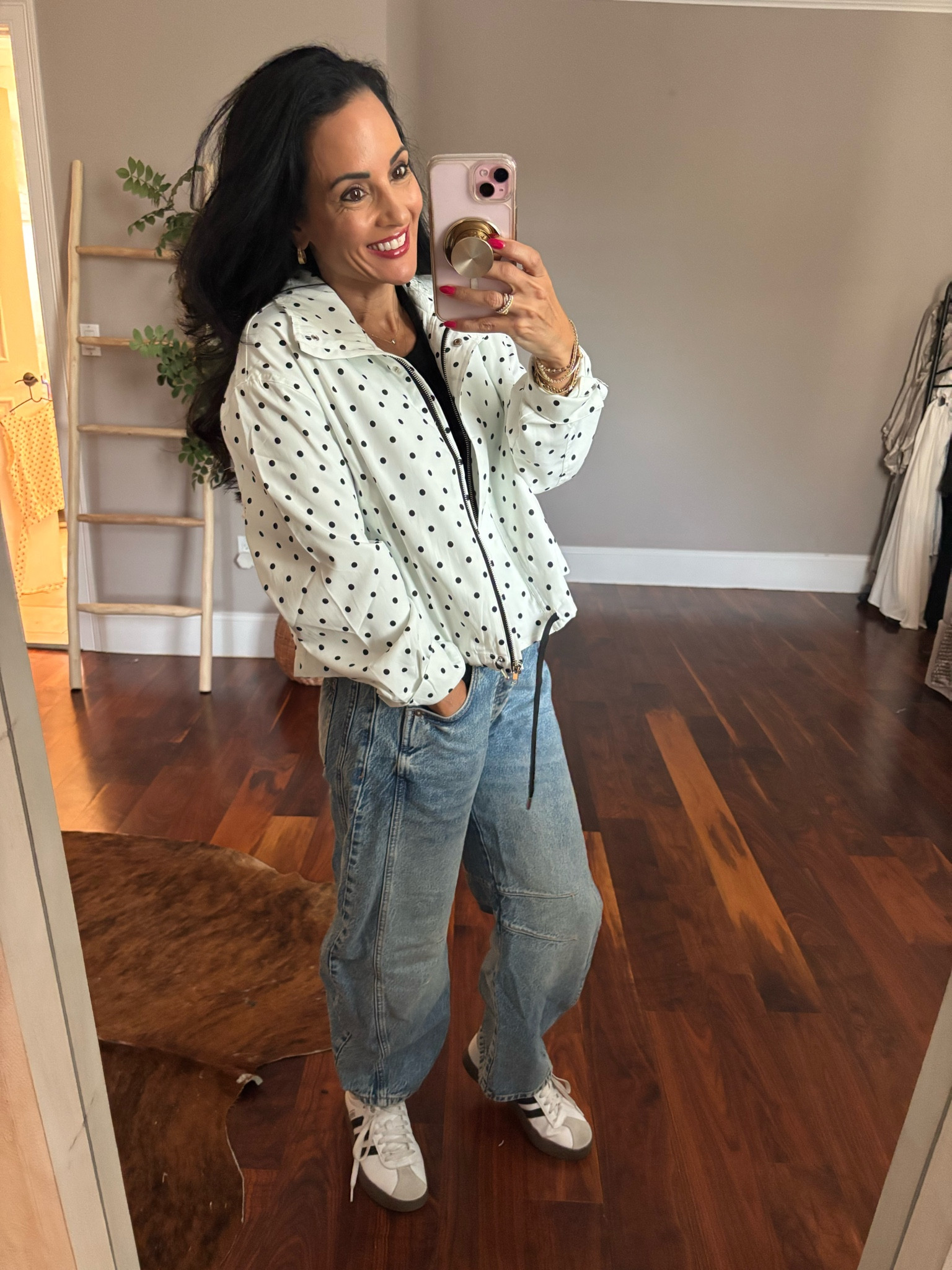 Lightweight cropped polkadot jacket with barrel Leg jeans

#LTKootd #LTKOver40 #LTKSeasonal