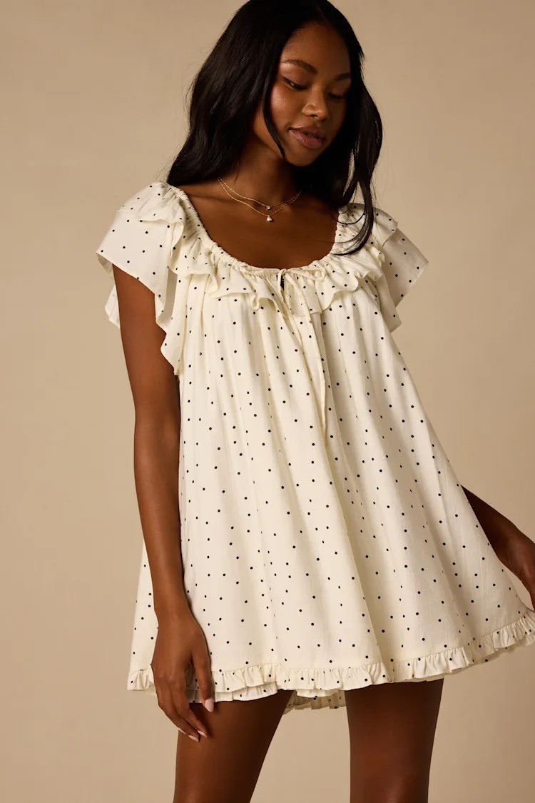 Frolic White Polka Dot Ruffled Romper | Lulus
