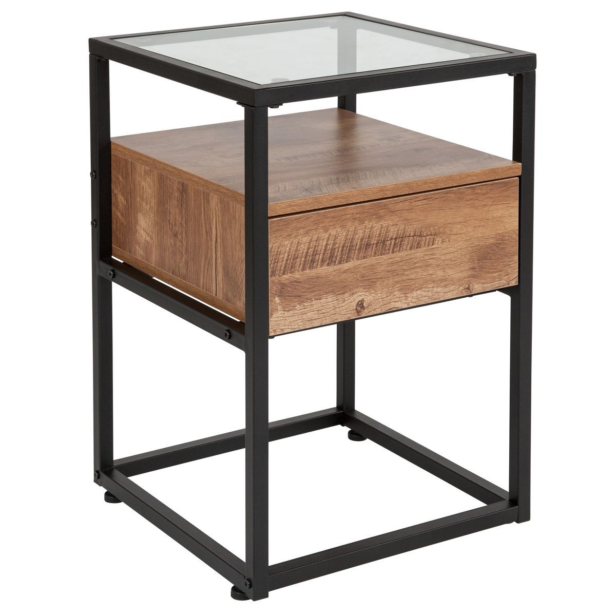 Emma and Oliver Glass End Table with Drawer and Shelf in Rustic Wood Grain Finish | Target