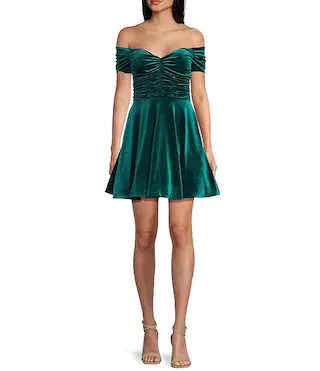 Honey and Rosie Velvet Off The Shoulder Ruched A-Line Dress | Dillard's | Dillard's