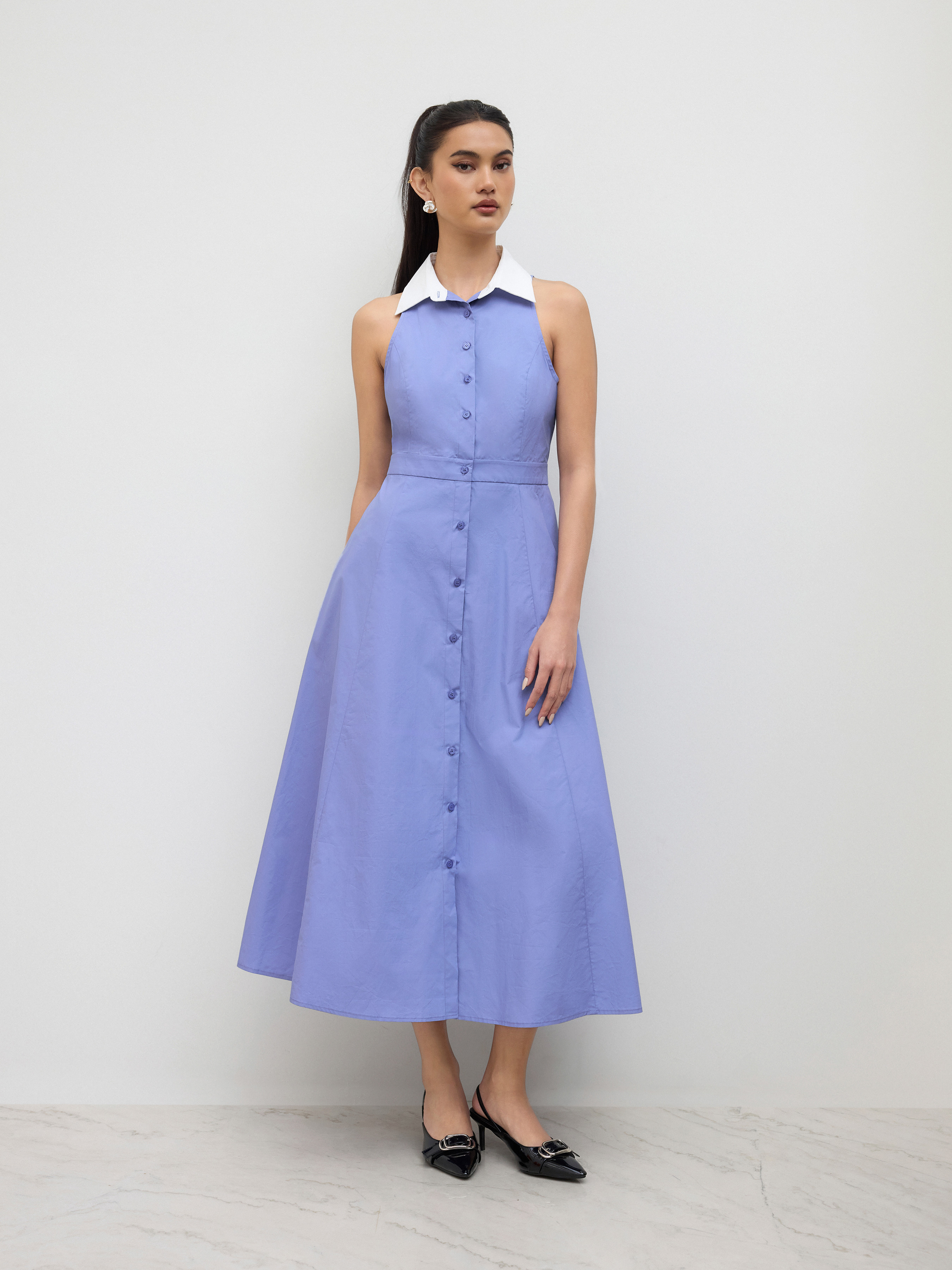 Woven 100% Cotton Polo Button Up Ruffle Maxi Dress For Work | Cider