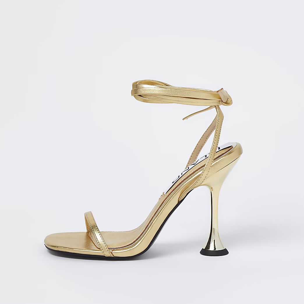 Gold strappy flared heel sandals | River Island (UK & IE)