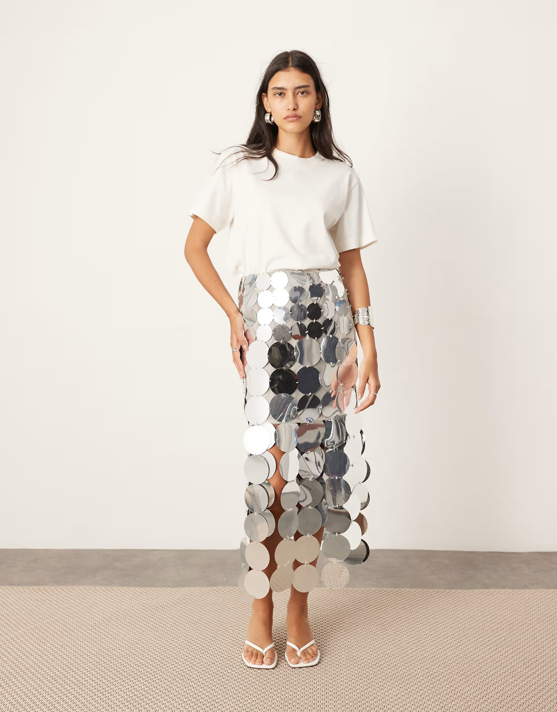 ASOS EDITION embellished disc fringe midi skirt with hem detail in silver | ASOS (Global)