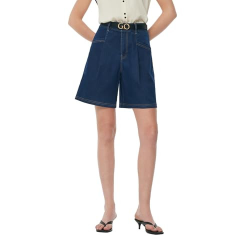 GOELIA Womens Jean Shorts High-Waisted Baggy Denim Shorts Cotton Knee Length Adjustable Button Dark Blue with Pockets Casual (US, Numeric, 26, Regular, Regular, Dark Denim) | Amazon (US)