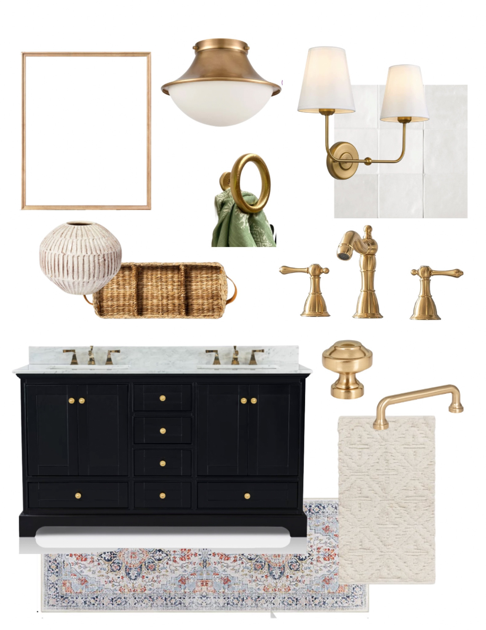 Black white and brass vintage inspired bathroom // bath sconce // vanity // gold // old world // tile // hardware // heritage faucet // grand millennial // traditional // European 

#LTKhome