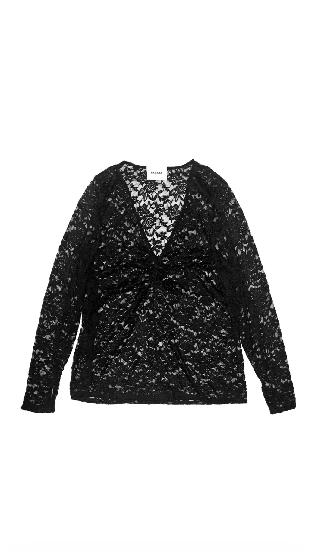 Olivia Stretch Lace Ruched Deep V-Neck Top - Black | BAACAL Limited, LLC