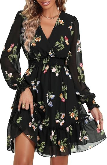 Prettywear Women's Chiffon Long Sleeve Wrap Neck Wedding Guest Mini Dress | Amazon (US)
