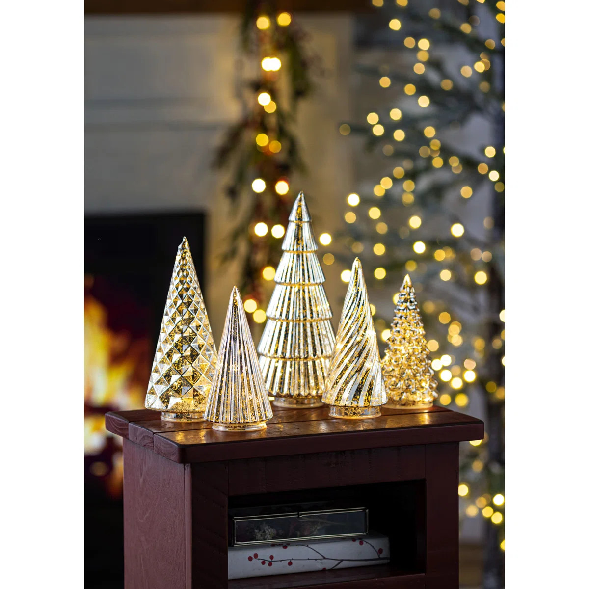 Battery Operated 5 Piece Metal Silver Tone LED Christmas Trees | Wayfair North America