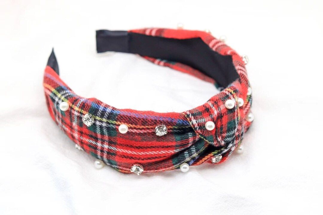 Red Headbands Christmas Plaid Crown Wide Knotted Holiday Hairbands, Pearl Head Topknot Aliceband ... | Etsy (US)