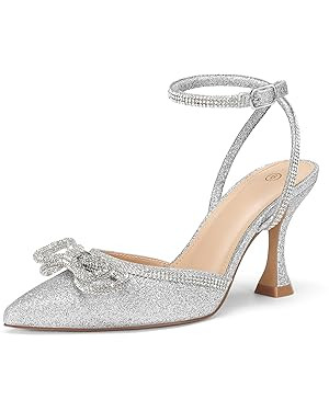 mysoft Women's Rhinestone Bow Pumps Wedding Dress Shoes Pointed Toe Ankle Strap Kitten Heels | Amazon (US)