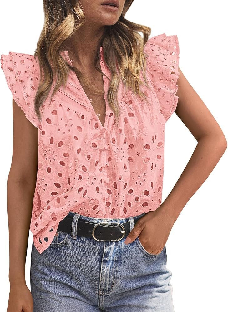 PRETTYGARDEN Womens Summer Tops 2025 Dressy Casual Ruffle Cap Sleeve Button V Neck Embroidered Ey... | Amazon (US)
