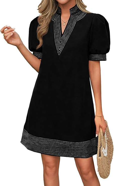 Wenrine Womens Summer V Neck Shift Dresses Casual Puff Short Sleeve Color Block Short Boho Beach ... | Amazon (US)