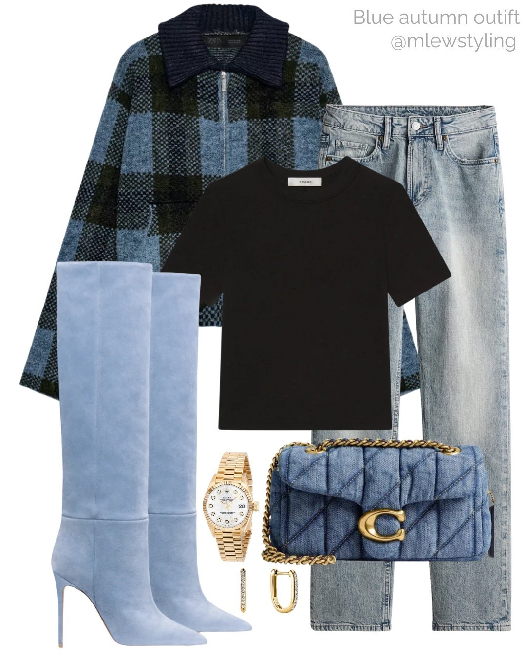 Elevated autumn outfit with blue
🩵

*Exact boots available from Identita 
Tags: chic fall outfit, suede knee boots, coach tabby bag, black t-shirt, frame denim, new in H&M skinny jeans, blue plaid jacket, gold watch

#LTKStyleTip #LTKItBag #LTKShoeCrush