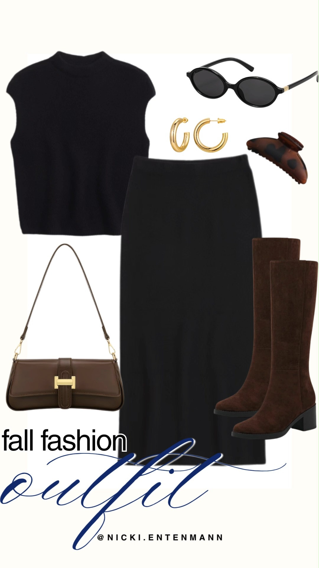 Nail minimalist sophistication with this chic monochrome fall fashion edit. A sleeveless black mock-neck knit top pairs seamlessly with a sleek black midi skirt, anchored by rich chocolate brown suede knee-high boots. A matching espresso leather shoulder bag, tortoise hair claw, classic black sunglasses, and chunky gold hoops bring effortless polish to this preppy look.

#fallfashion #falloutfit #monochromestyle #chicstyle #outfitinspiration #preppycasual #everydayfashion 

 #LTKNYFW #LTKootd #LTKSaleAlert