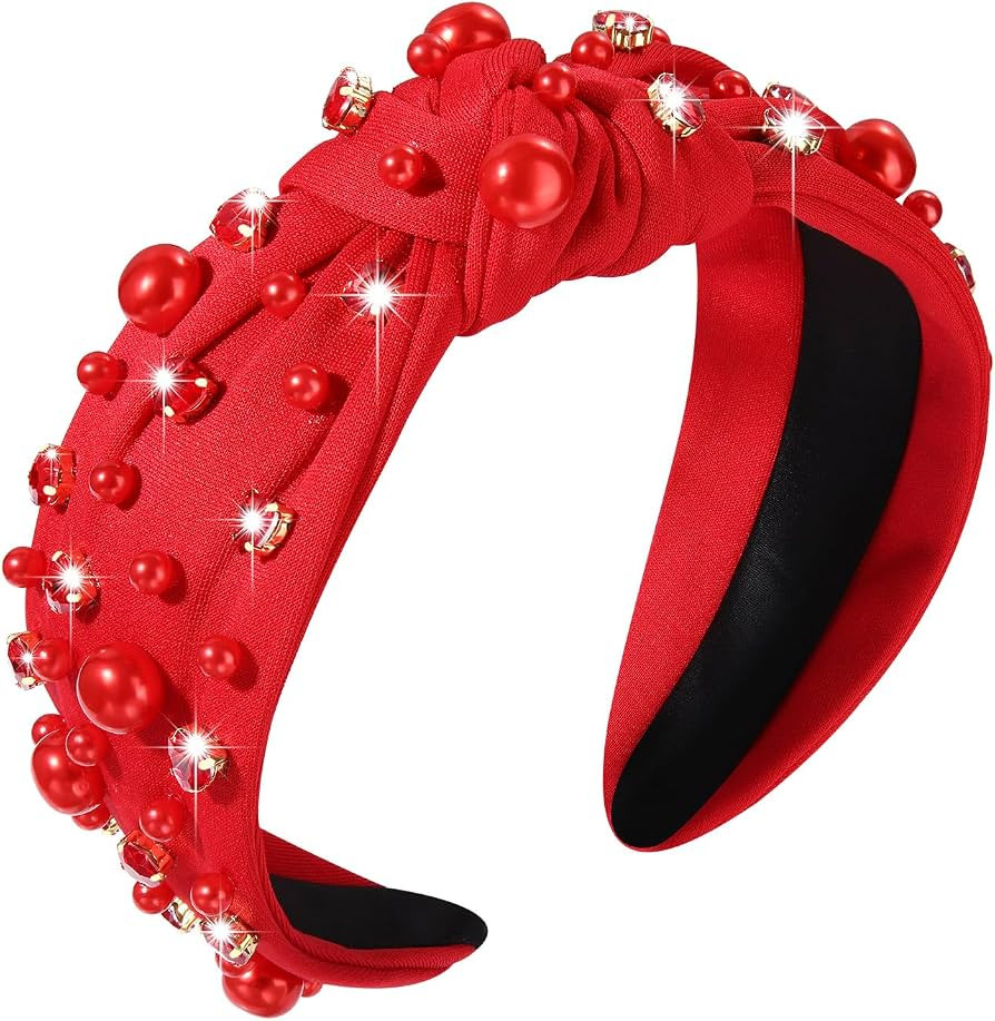 Valentines Day Headband for Women Red Heart Knotted Headband Red Pearl Pearl Pearl Rhinestone Jew... | Amazon (US)